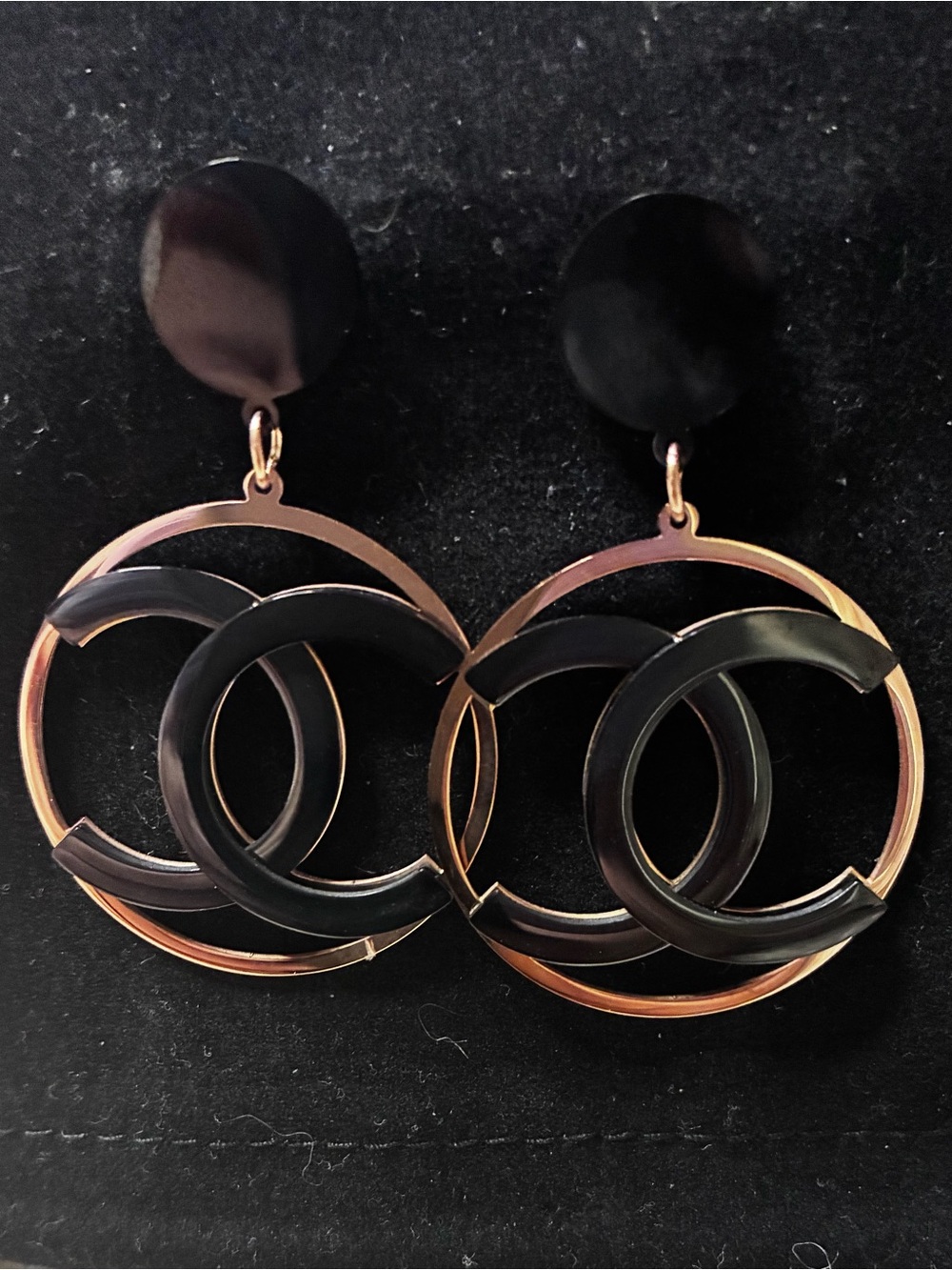 Double C  Black and Gold Tone Logo Dangle Earrings